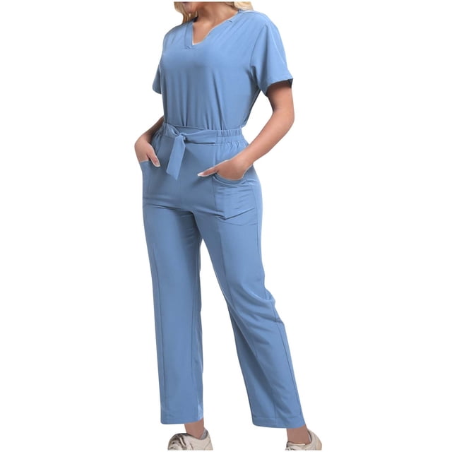 Grrvtrz Womens Scrubs Set Casual Workwear Drawstring Threaded Pant Legs 2PC, V Neck Stretch Scrub Top & Straight Leg Pants