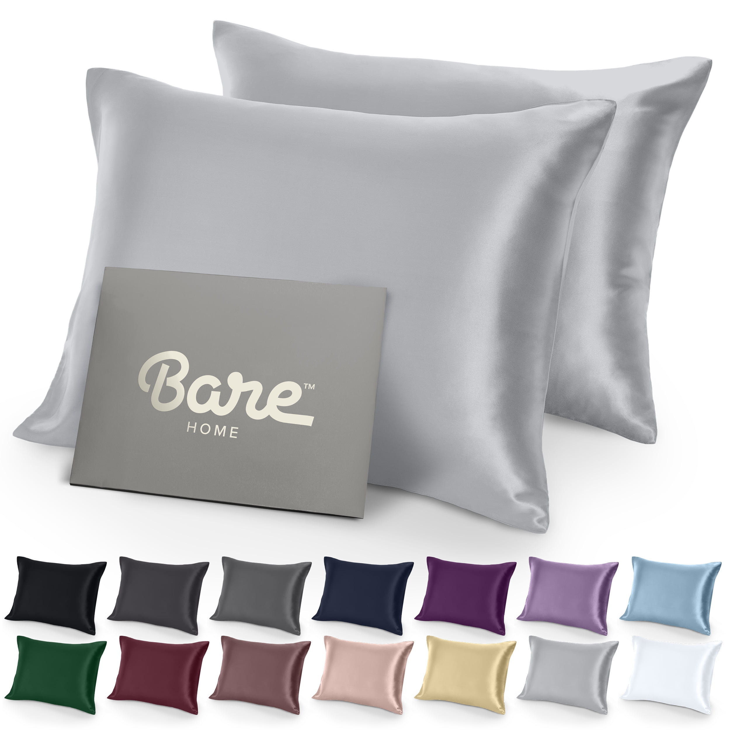 Bare Home Satin Pillowcase Set - Luxury Pillowcases - Soft and Smooth - Breathable - Envelope Closure - Standard, Silver