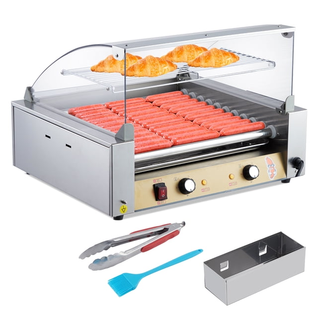 11-Roller Stainless Steel Hot Dog Grill Machine with Curved Cover – Bun Warmer, Dual Temperature Control, 360° Rotating Non-Stick Rollers, Removable Drip Tray, Commercial Grade, For Home & Concession