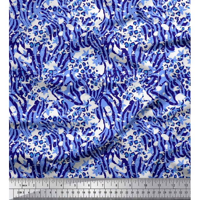 Soimoi Blue polyester Crepe Fabric Leopard & Wild Animal Skin Print Sewing Fabric BTY 42 Inch Wide