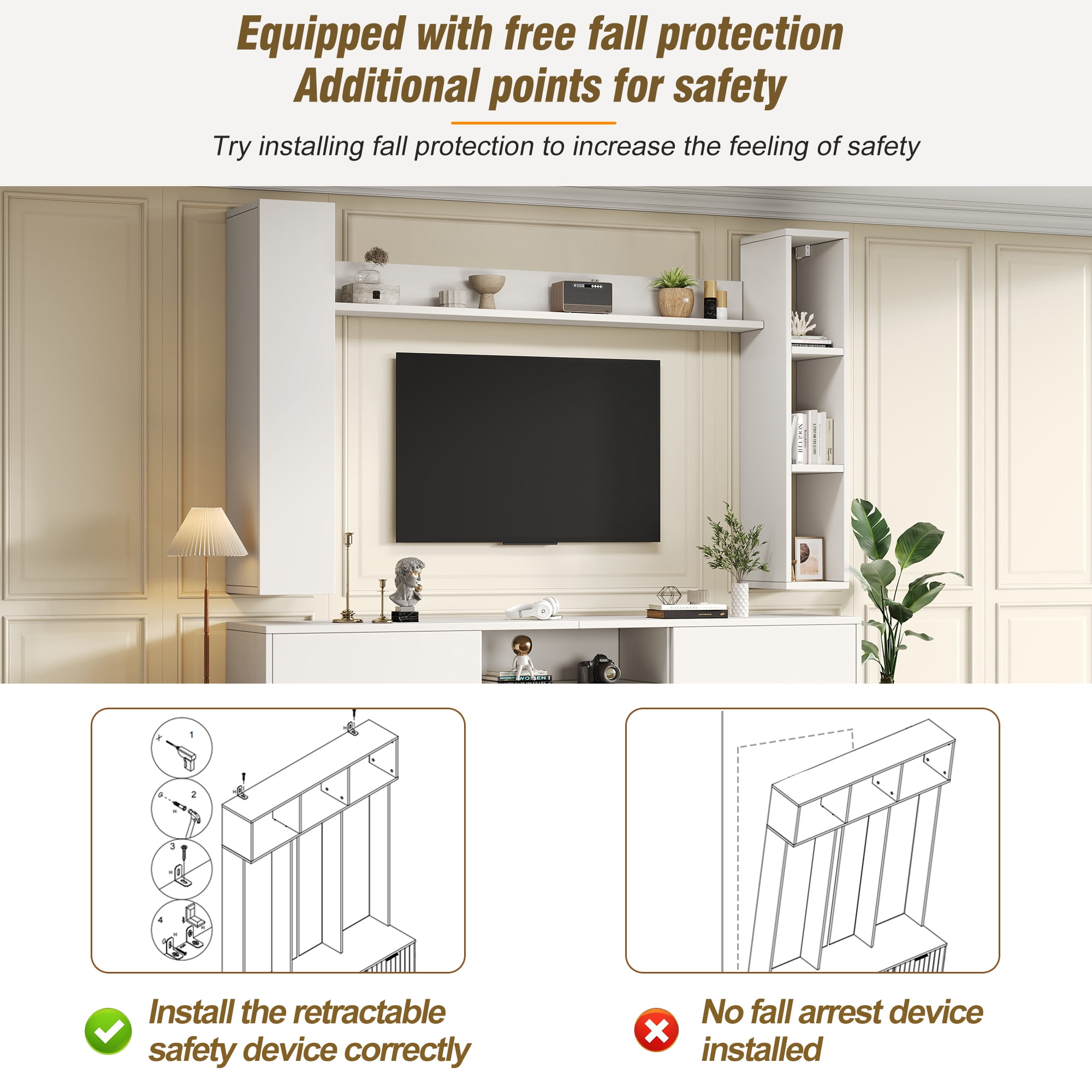 Homy Casa Modular White Entertainment Center with TV Console, 2 Display Cabinets and Wall Shelf