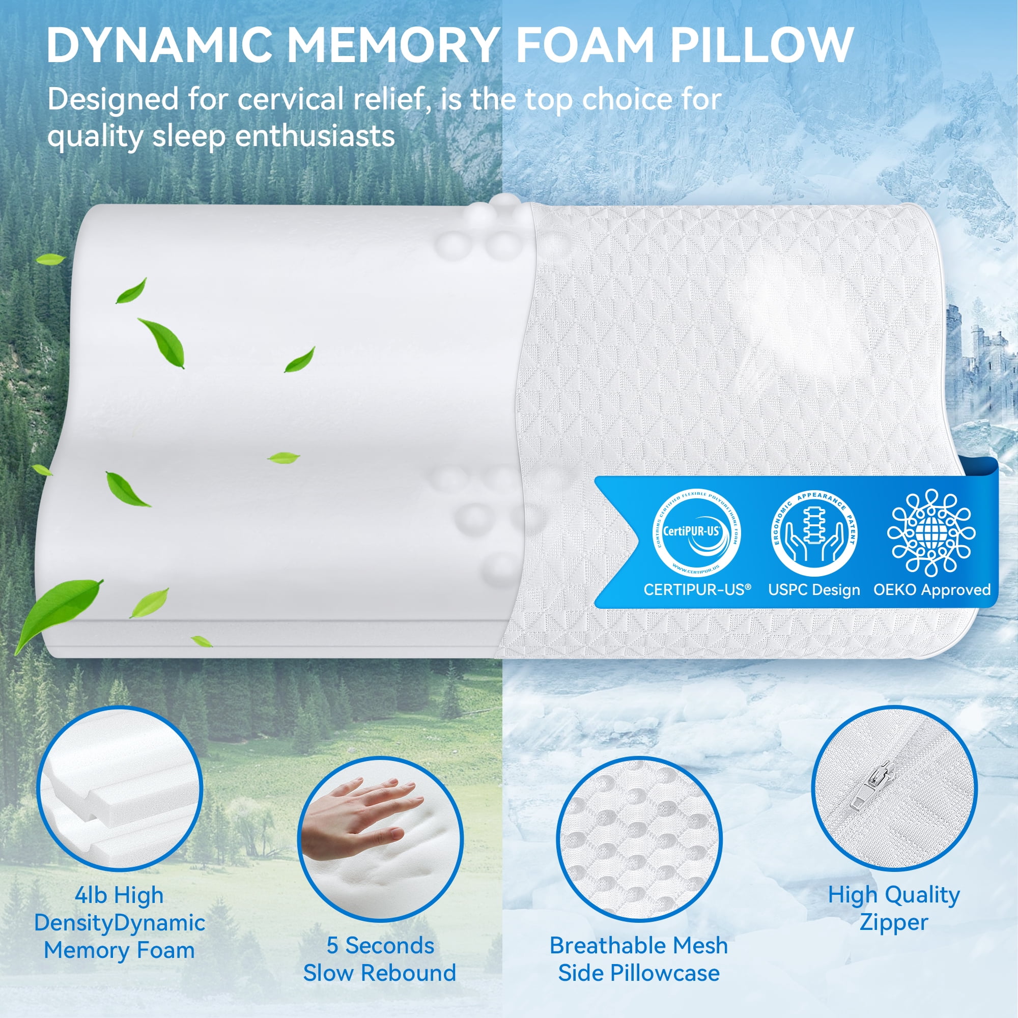 Bed Pillow, Cervical Pillow for Neck Pain Relief, Memory Foam Neck