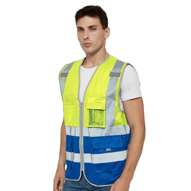 TOPTIE Class 2 High Visibility Zipper Front Safety Vest 9 Pockets and Reflective Strips Meets ANSI/ISEA Standards