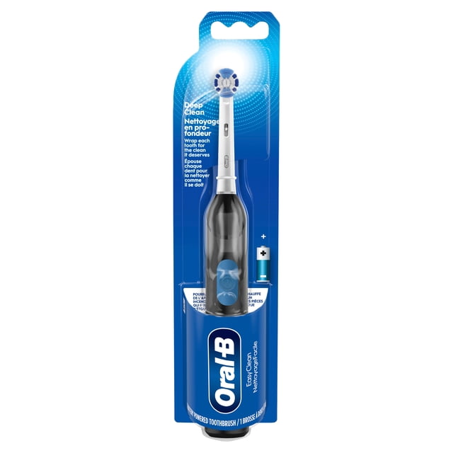 Oral B Easy Clean Battery Toothbrush in black with one precision clean round brush head and two AA batteries included, designed for deep cleaning with dentist-inspired X-shaped bristles that wrap each tooth to remove plaque, shown in blue Oral-B branded packaging.