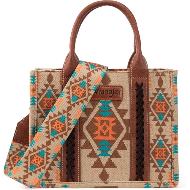 HAHDAXIA Wrangler tote bag featuring a bold Aztec print in vibrant orange, teal, and brown tones. This structured Western shoulder handbag includes a signature guitar strap, cross-stitch woven details, and sturdy leather handles. Measuring 5 inches deep, 10.7 inches wide, and 8.5 inches high, it offers 2 zip pockets and 2 open pockets for organized storage.