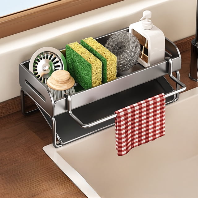 Kitchen Sponge Holder and Sink Storage Rack | Soap Dispenser and Accessory Organizer | Countertop Draining Basket for Sponges, Brushes, and Cleaning Tools | Plastic Kitchen Caddy