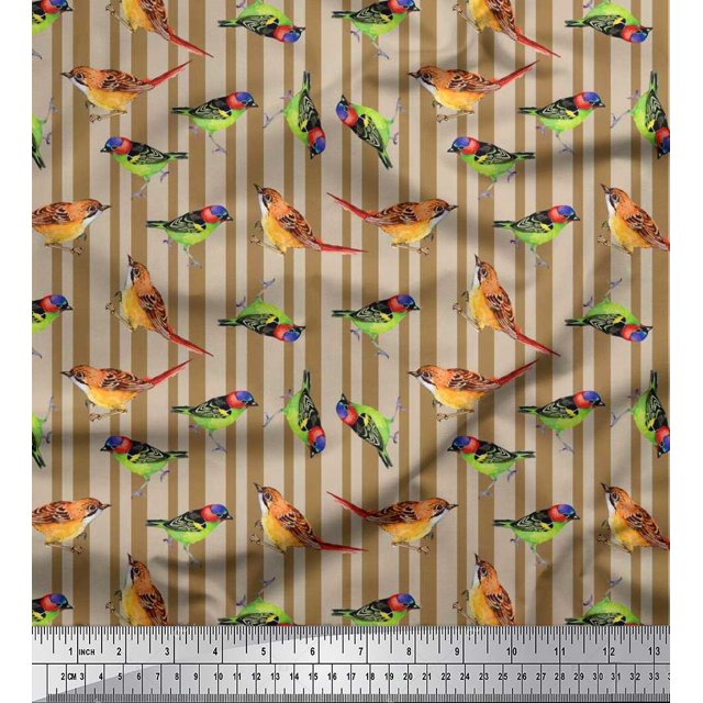 Soimoi Rayon Fabric Stripe & Sparrow Bird Print Fabric by The Yard 56 Inch Wide