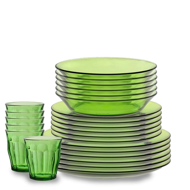 Ensemble de 24 Pcs pour Souper, Dessert, Assiette Profonde et Gobelet de 250 ml en Verre Trempé Vert Comprenant six Assiettes de Souper, six Assiettes à Dessert, six Bols Profonds et six Gobelets de 250 ml. Fabriqué en France, Va au Lave-Vaisselle, au Micro-Ondes et au Congélateur, Convient aux Repas et aux Réceptions au Quotidien.