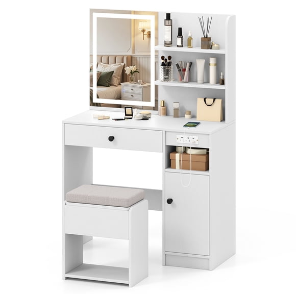 Patiojoy Vanity Desk with Mirror & Lights Makeup Dressing Table w/Cushioned Storage Stool & Power Outlets White