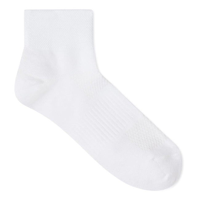 Athletic Works Women's Ankle Socks 6-Pack single white ankle sock shown flat with ribbed elastic arch and breathable textured knit, made of 67% recycled polyester blend, suitable for women's athletic and casual wear.