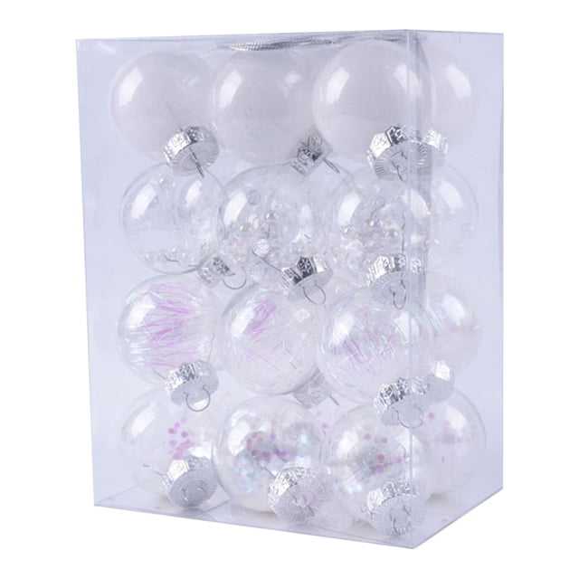 Vaidha 24PCS Christmas Tree Ornament Pendant Party Supplies Tree Hanging Plastic Ball set featuring 24 clear plastic baubles with glitter and iridescent accents, each measuring 60mm in diameter. The ornaments are displayed in a transparent box, showcasing their festive design. Ideal for decorating Christmas trees, table centerpieces, or banisters in homes, hotels, or offices.