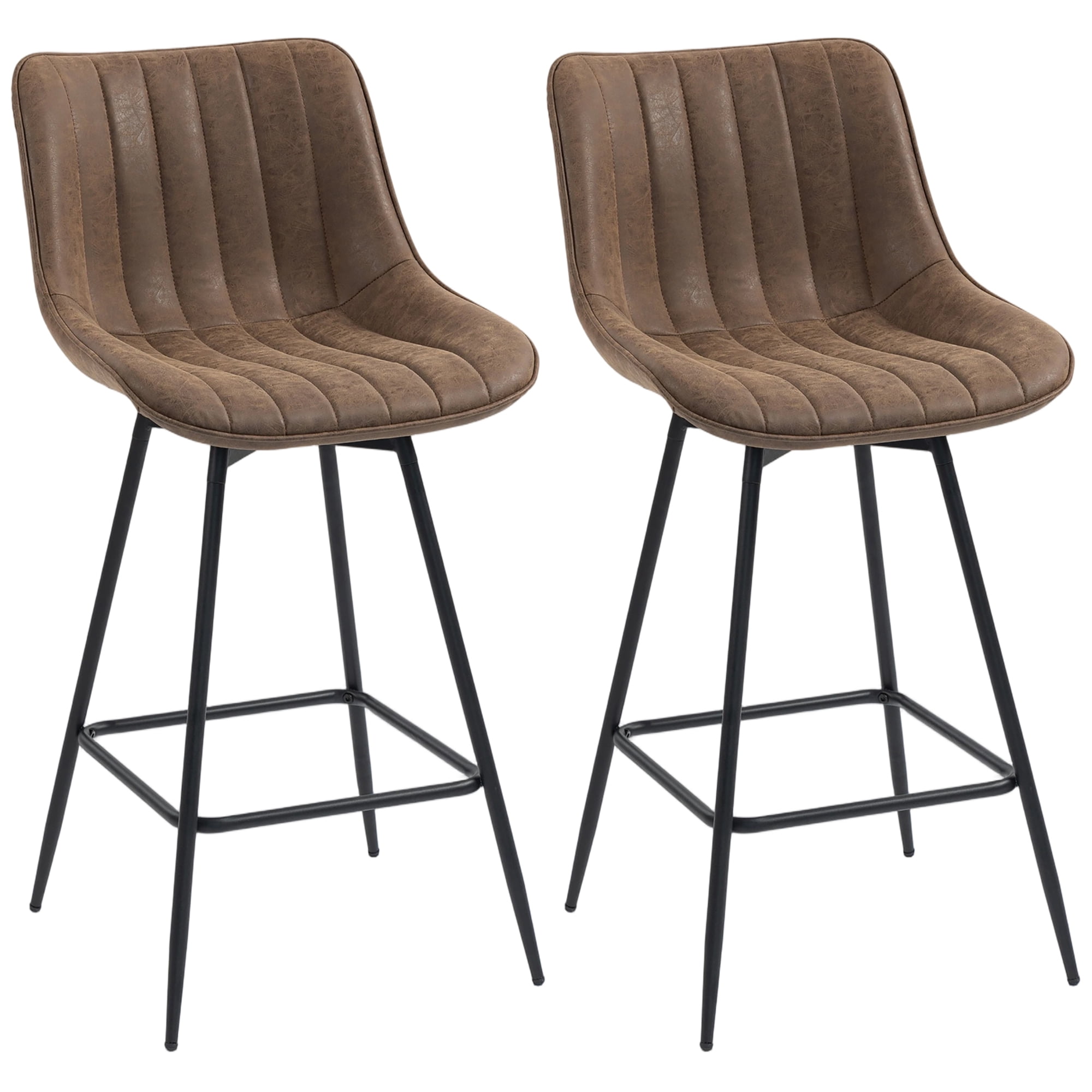 HOMCOM 27" Bar Stools Set of 2, PU Leather Counter Height Barstools, Brown