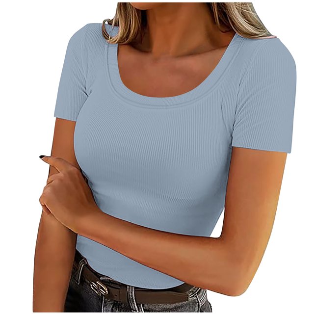 AherBiu Womens Tops Summer Ribbed Knitted Stretchy Slim Tight Tops Solid Color Short Sleeve Tshirts