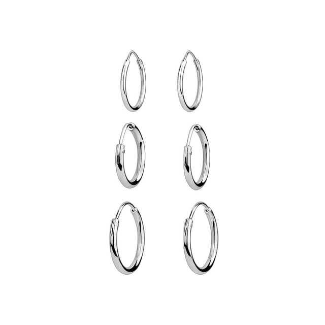 Luxury Designs Ensemble de 3 Créoles Montrant Trois Paires de Boucles d'Oreilles Créoles Ton Argent Poli en Petites, Moyennes et Grandes Tailles avec Fermoirs à Charnières, Disposées Verticalement sur un Fond Blanc, Convenant au Port Quotidien et à la Superposition pour Finir Toute Tenue.