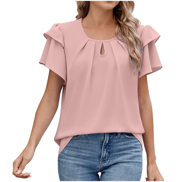 Timegard Tops for Women Ruffle Short Sleeve Round Neck T Shirts Fashion Casual Solid Color Dressy Blouses