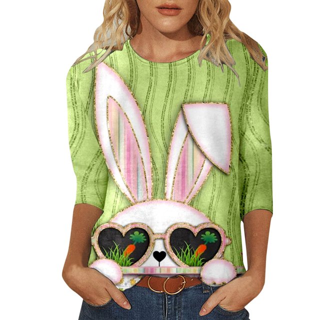 CEHVOM Mode Femmes Pâques Imprimé T-shirt Manches 3/4 Chemisier Col Rond Casual Tops Dégagement