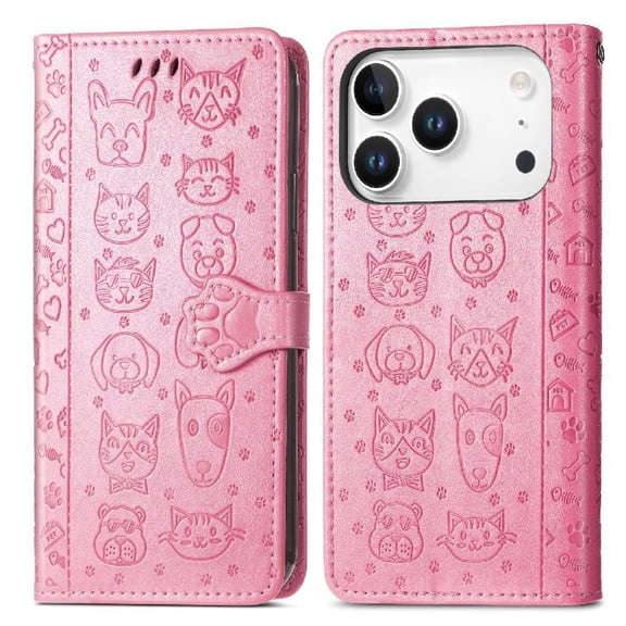 Étui à Rabat pour FOXDOCK iPhone 17 Pro Max, Étui à Rabat en Cuir PU Gaufré Chat et Chien avec Fentes pour Cartes, Support