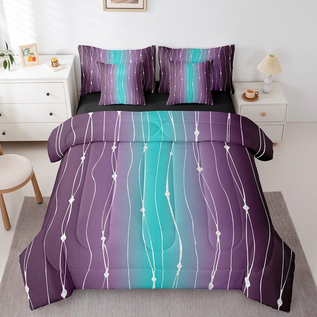 YST 7-Piece Comforter Set, Teal Gradient Ombre Bedding, Geometric Wave Pattern, Full