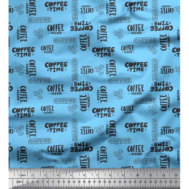 Soimoi Blue Rayon Fabric Coffee Time Text Print Sewing Fabric Yard 42 Inch Wide