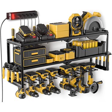 Power Tool Organizer for Tool Storage  Drill Holder Wall Mount with Charging Station  Tool Holder and Storage Rack for Garage Organization  Heavy Duty Metal Tool Shelf with Battery Holder