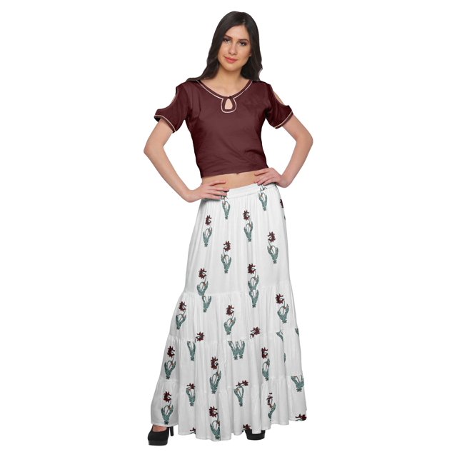 Moomaya Printed Rayon Cold Shoulder Crop Top And Skirt Ethnic Set For Women
