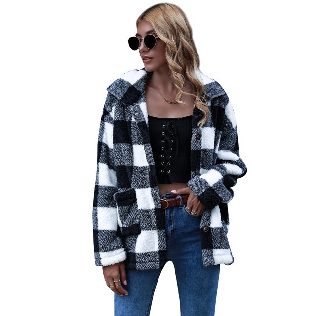 Women Oversized Plaid Button Down Shirt Shacket Jacket Long Sleeve Casual Fall Outwear with Pockets