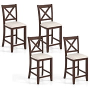 Costway Rubber Wooden Bar Stools Set of 4 with Footrest Comfortable Linen Cushion