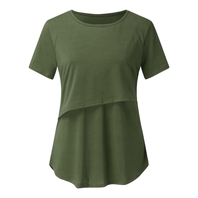 DPTALR Pregnant Pregnancy Nursing Short Sleeve Tops Solid Color Round Neck Breastfeeding Blouse
