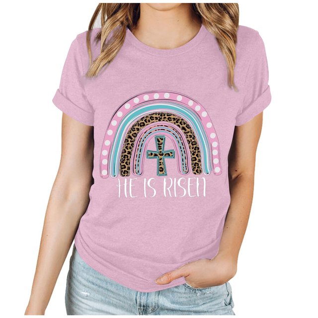 EGNMCR Chemise de Pâques pour Femmes Imprimé de Pâques Manches Courtes Col Rond T-Shirt