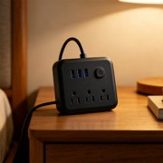 Multi Plug Charging Socket with 3 AC Outlets and 3 USB Ports – Compact Travel Power Strip for Home, Office, and Hotel Use, Surge Protector with Long Cord