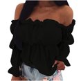 thumbnail image 1 of PVCS Mode Femmes Off-Épaule Bustier Couleur Unie Manches Longues Chemisier Top, 1 of 4