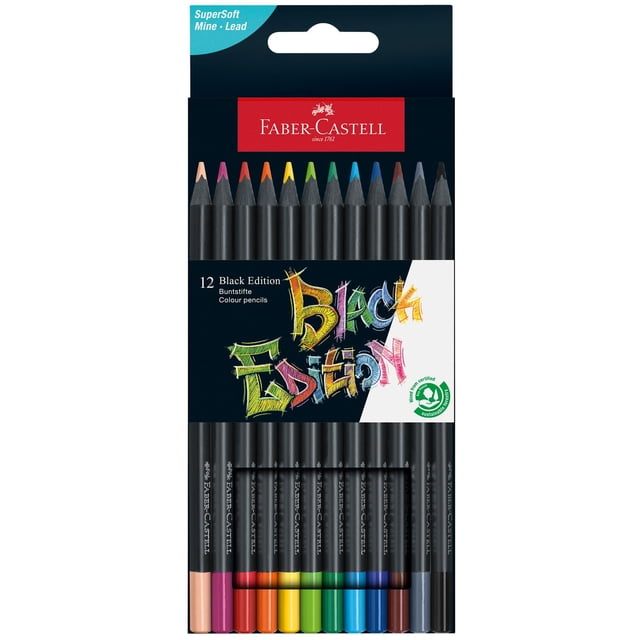 Faber-Castell Black Edition Ensemble de Crayons de Couleur 12 CT avec Douze Crayons de Couleur Comprenant des Barils Noirs Mats et des Pointes Aiguisées en Rose, Rouge, orange, Jaune, Vert, Bleu et Noir, Conçus pour les arts et Bricolages Scolaires, le Dessin, l'Esquisse et le Coloriage avec Prise Ergonomique et Mine Douce pour une Utilisation Confortable.