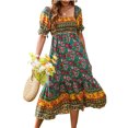 thumbnail image 1 of Faithtur Robe d'Été Bohème pour Femmes Manches Courtes Poitrine Plissée Motif Floral Style Boho Jupe à Gâteau, 1 of 5
