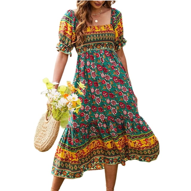 Faithtur Robe d'Été Bohème pour Femmes Manches Courtes Poitrine Plissée Motif Floral Style Boho Jupe à Gâteau