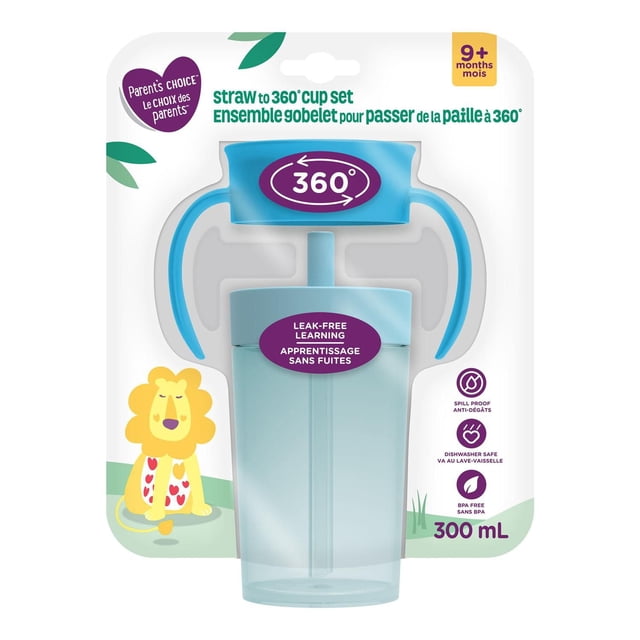 Parent's Choice Paille à 360° Ensemble Sippy Cup en Bleu Pâle avec Deux Poignées Latérales Faciles à Saisir et un Couvercle en silicone Souple pour Enseigner à Boire avec Paille, plus un Couvercle Anti-Fuite à 360 Degrés pour Aider les Bébés de 9+ Mois à Développer des Habiletés de Boisson Autonomes, Fabriqué en Plastique Sans BPA Compatible Lave-Vaisselle, Capacité de 300 ml, avec Emballage Bilingue et un Motif de lion.
