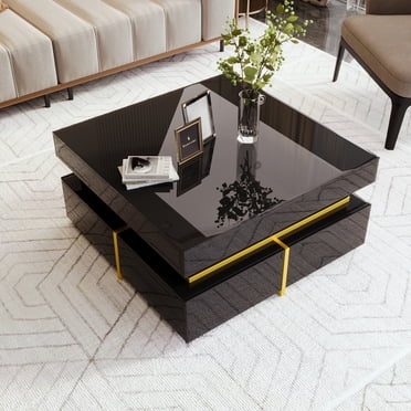 Noble House High-Gloss Coffee Table with Gold Accents & 2 Drawers, Modern Side Table with Ample Storage, Elegant Living Room,Black