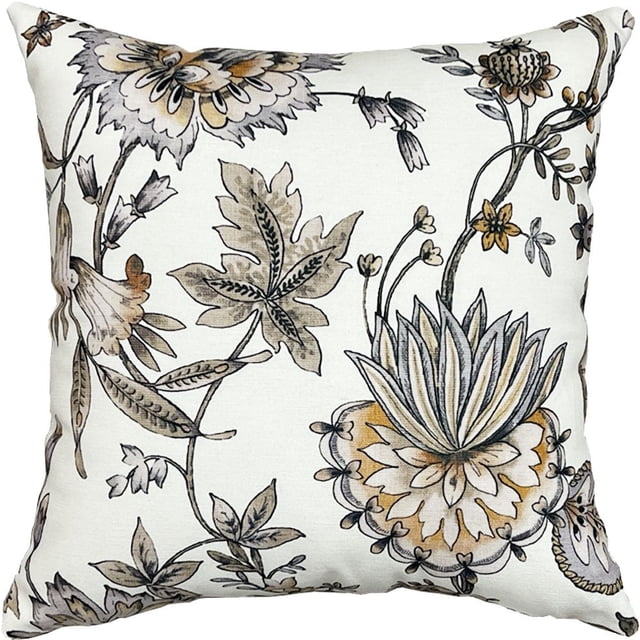 Hometrends HT Floral Taupe 18x18 inch decorative throw pillow featuring a taupe and goldenrod floral botanical pattern on white polyester fabric, filled for comfort and spot clean only, suitable for sofas, beds, and reading nooks.