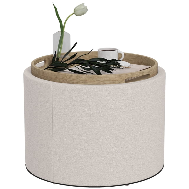 HOMCOM Table Basse Ronde avec Plateau, Rangement et Rembourrage en Lin. une Table Basse Ronde Blanc Crème avec un Plateau en Bois Amovible avec Poignées Rainurées. la Table Est Rembourrée en Tissu de Lin Respirant et Comprend un Rangement Caché en Dessous. Idéale pour les Meubles de Salon, Elle Peut Être Utilisée comme Table Basse, Table d'Appoint, Repose-Pieds Ou Boîte de Rangement. des Patins Antidérapants Protégent les Planchers.