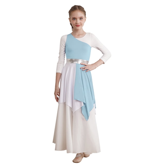 Jhaoyu Robe de Danse Asymétrique pour Filles Enfants, Robe de Prière Liturgique à Blocs de Couleur Bleu Clair 16