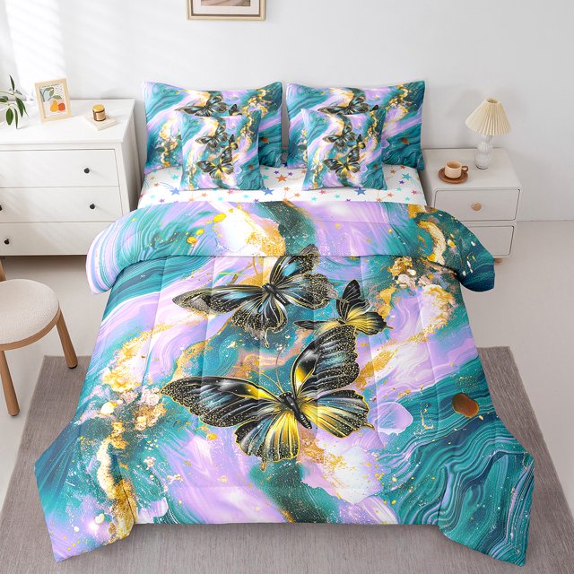 Gold Marble Bed in a Bag King Size Comforter Set 7 Pieces Turquoise Butterfly Sheet Set,Purple Marbling Bedding Sets,Abstract Ombre Ink Fluid Art Bed Set Rustic Animal Dreamy Butterflies Room Decor