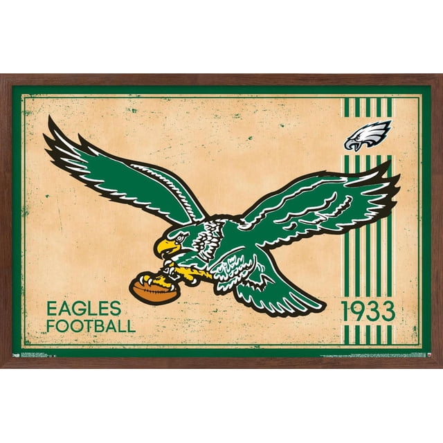 NFL Philadelphia Eagles - Affiche Murale Rétro Logo 14, 22,375 Pouces x 34 Pouces Encadrée Montrant un Aigle Vert vintage Tenant un Ballon de football Brun sur un Fond Texturé beige avec une Bordure Verte, Petit Logo Eagles, et l'Année 1933 en Texte Vert. Souvent Utilisé comme Déco Murale Élégante de Salle de Sport Ou de Bureau.