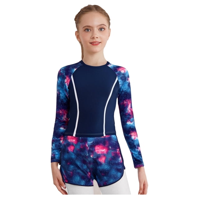 TiaoBug Kids Girls 2Pcs Sun Protection Swimsuit Rash Guard Swim Top with Shorts Vibrant Print Surfing Bathing Suit Purple 90