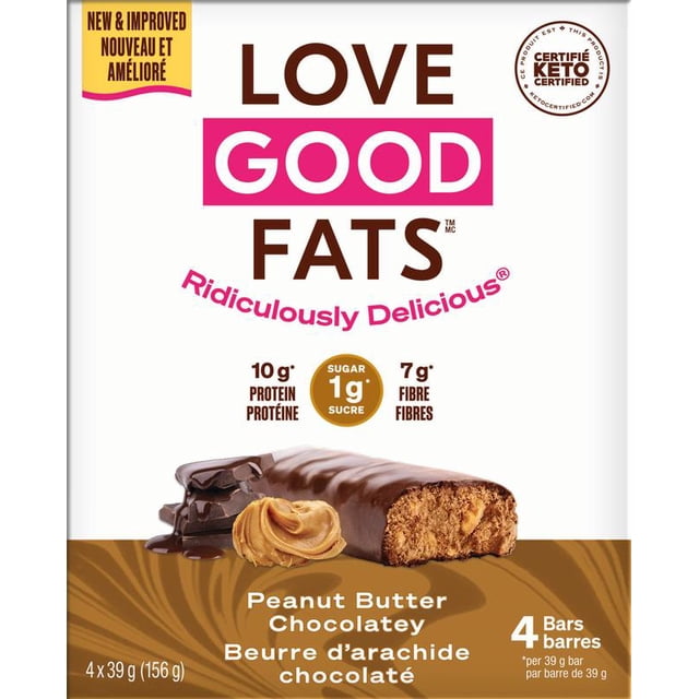 Peanut Butter chocolatey snack bar from Love Good Fats with a chocolate coating, peanut butter swirl, and crunchy interior, offering 10g protein, 7g fibre, and 1g sugar per 39g bar, keto certified and gluten free, ideal for a wholesome peanut butter snack.