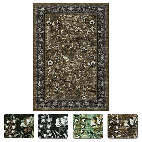Vintage Floral Area Rug with Non Slip Backing,Washable Rug,Low Pile All-Season Durable Floral Carpet,Stain-Resistant Thin Accent Indoor Mats for Living Room, Kitchen,Office,Entryway