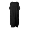 thumbnail image 5 of Pisexur Robes pour Femmes Classique Coton Lin Robe Maxi Couleur Unie Col Rond Manches Courtes Robe de Vacances pour la Plage Décontractée Ample Robes d'Été pour Femmes P-2TG,Noir, 5 of 5
