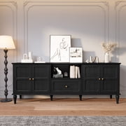 HLR Mid Century 67" TV Stand, for TVs up to 75", Living Room Entertainment Center with 4 Door Storage Cabinet, Black