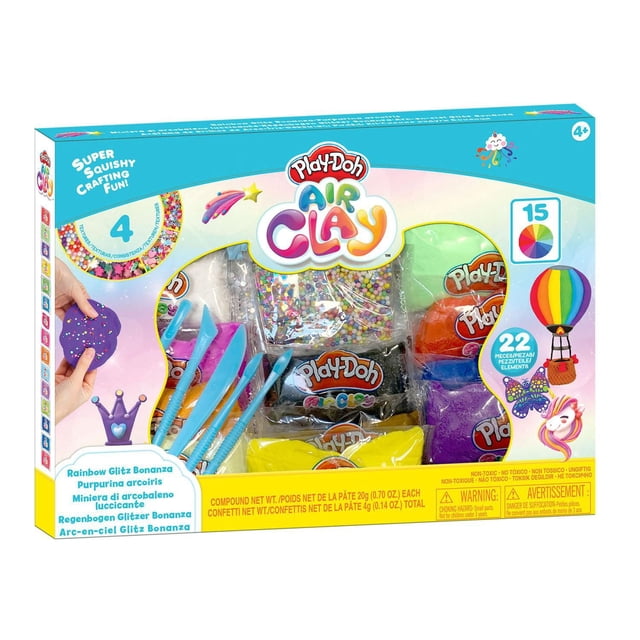 Play-Doh Air Clay Rainbow Bonanza set with 15 vibrant air-dry clay colors, 4 mixable textures including floral confetti and star sprinkles, 6 sculpting tools, and decorative elements, suitable for kids 4+ to craft imaginative sculptures and customize projects.