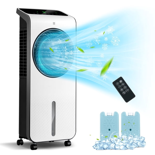 Giantex 3-in-1 Evaporative Air Cooler with a sleek white and black design, oscillating fan, and visible water tank. Includes remote control and two ice packs for cooling. Functions as a portable air cooler, humidifier, and fan with 3 modes, 24 wind speeds, and a 5L water tank capacity. Suitable for home and office use.