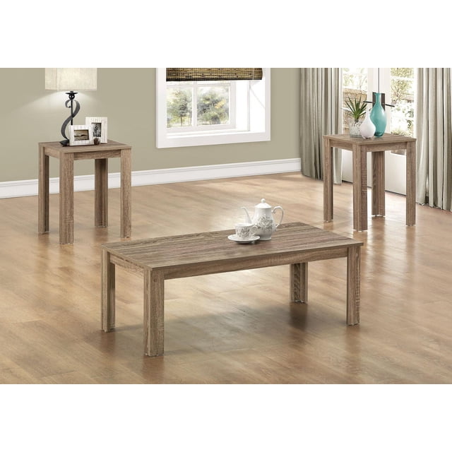 Monarch Specialties Table Set, 3pcs set with a rectangular coffee table and two square end tables in brown laminate featuring a wood-look finish and strong square legs, styled in a living room with light wood flooring and neutral walls, accessorized with a teapot set, lamp, photo frames, and decorative vases, designed in a transitional style suitable for living room furniture and occasional use.