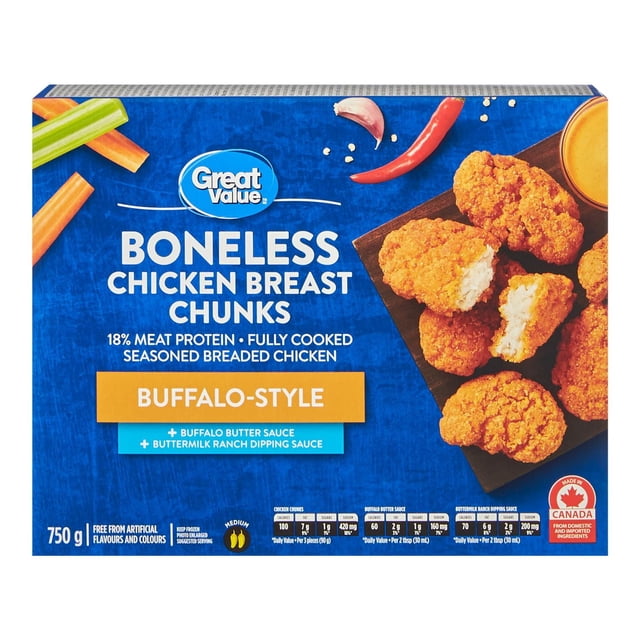 Great Value Boneless Chicken Breast Chunks Buffalo-Style showing fully cooked, seasoned breaded chicken pieces on a dark tray with included buffalo butter and buttermilk ranch dipping sauces, 750 g frozen snack free from artificial flavours and colours, made in Canada.